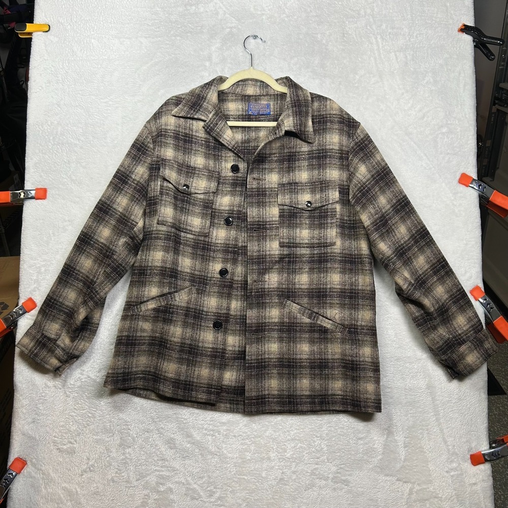 VTG Pendleton Virgin Wool Jacket Men Brown Tan Plaid Pockets USA Made - Medium